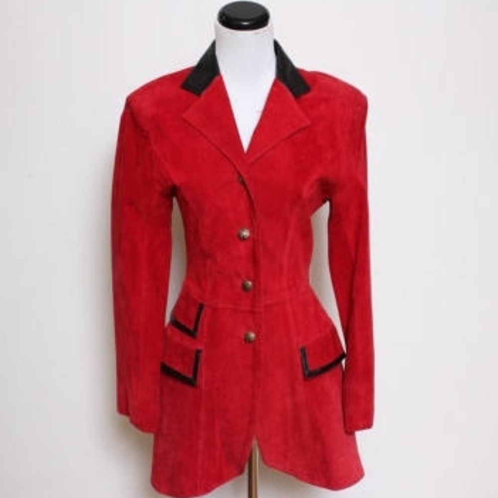VTG 90s Red Black Leather Suede Tailored Blazer S